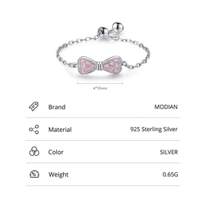 925 Sterling Silver bow ring featuring pink stones and adjustable chain slider