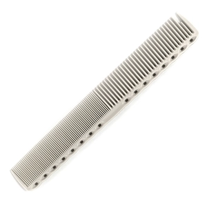 Gray professional hair cutting comb with dual tooth pitch and round vent holes on white background