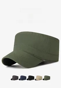 Detail of cotton flat top cadet cap showing fine stitching and multi-color options