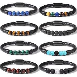 8mm colorful tiger eye stone beads with woven leather bracelets and magnetic metal clasp
