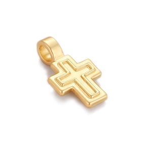Detailed view of golden hip hop cross pendant with unique embossed texture and top loop