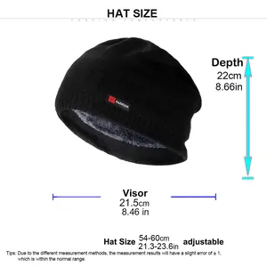 Detailed size chart for black knit beanie with plush lining and dimensions 54-60cm