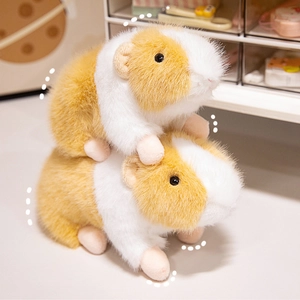 Realistic yellow and white guinea pig plush toy with soft long fur for kids