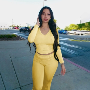Women Long Sleeve V-Neck Lace Trim Top And Flare Pants Outfits Casual Solid Color Slim Fit Streetwear