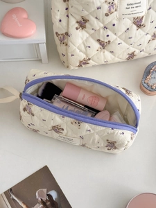 Quilted makeup bag set with purple bear patterns including large pouch and pencil case