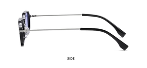 Seitenansicht der Retro-Sonnenbrille mit schwarzem Metallbügel und lila-blauen Gläsern