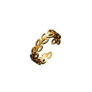 Elegant gold stainless steel leaf wheat adjustable ring in a 45-degree angle view