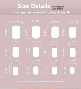 Detailed size chart for square press-on nails featuring 12 different dimensions and widths