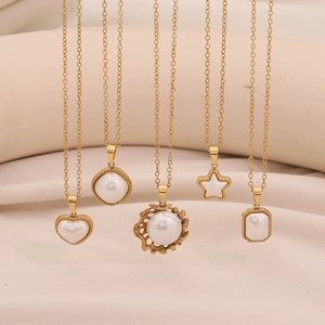 Geometric Heart Star Pendant Necklace Stainless Steel Gold Plated Faux Artificial Pearl Elegant Clavicle Chain Jewelry For Women