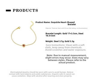 Detailed size and material specification chart for heart-shaped zircon steel bracelet