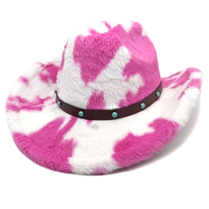 Pink and white cow print plush western cowboy hat with turquoise studded leather band