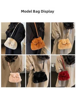 Detail showing plush faux fur bucket bags in six colors with adjustable leather straps