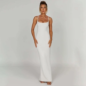 Detail showing high-quality white backless maxi dress with square neckline and slim fit