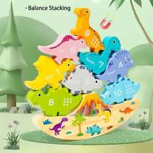 Wooden dinosaur balancing stacking toy with colorful number blocks for kids learning