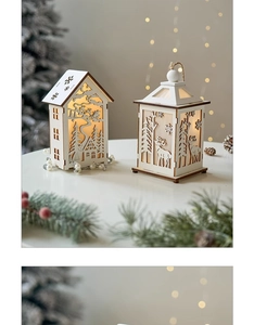 Detail of laser-cut wooden Christmas lanterns with warm reindeer and snowflake patterns