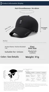 Detailed size chart for baseball cap with head circumference guide and hat measurements
