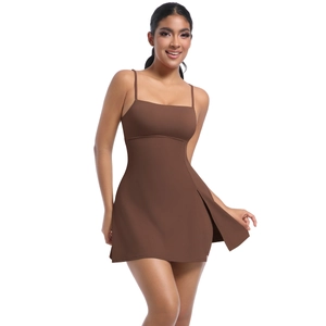 Detail view of coffee brown sports dress with thin straps and side slit hem design