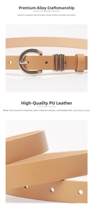 Close-up of beige PU leather belt with silver D-ring buckle and textured finish