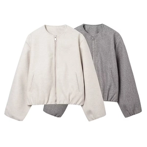 Women Polyester Short Bomber Jacket Round Neck Zip-Up Solid Color Soft Pocketed Loose Streetwear Outerwear