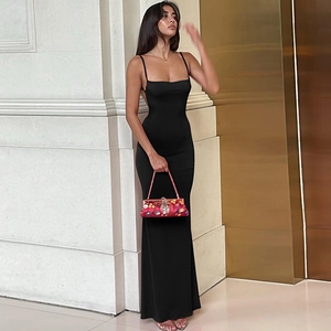 Vestito Lungo Con Spalline Sottili Da Donna Schiena Scoperta Vestibilità Aderente Tinta Unita Poliestere Spandex Sera