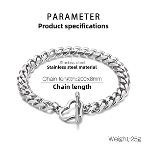Detail of 8mm stainless steel curb chain bracelet with heart-shaped OT toggle clasp