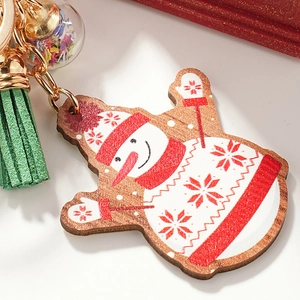 Cute wooden snowman keychain with green tassel and gold hardware for Christmas gift