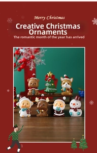 Detailed macro view of seven colorful resin Christmas miniature figurines on a wooden surface