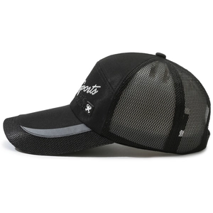 Men's black mesh baseball cap with side Sports embroidery and reflective brim detail