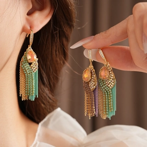 Detailed shot of bohemian tassel earrings with teardrop zircon and colorful chains