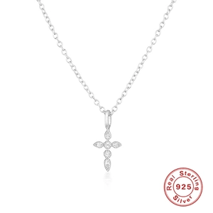 Polished S925 sterling silver necklace with marquise-cut diamond cross pendant on white background