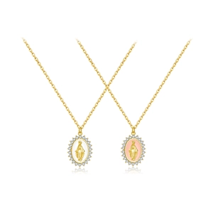 Virgin Mary Pendant Necklace 925 Sterling Silver 18K Gold Plated Oval Enamel Religious Zircon Jewelry For Women Men
