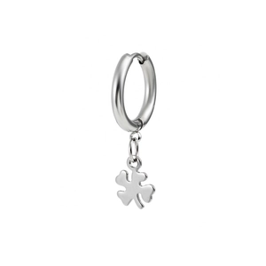 Detailed side view of silver stainless steel hoop earring with a clover pendant charm