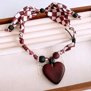 Retro fabric beaded necklace with heart pendant and checkerboard pattern cord for women