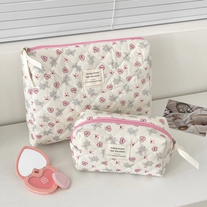 Quilted gray bunny makeup bag set with cute heart prints and zipper closure