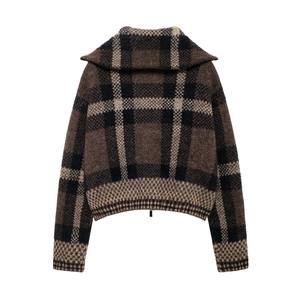 Women's plaid knit bomber jacket with lapel collar and chunky knit texture on white background
