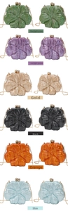 Detailed grid showing 3D floral acrylic evening bags in six marbled colors with gold chains