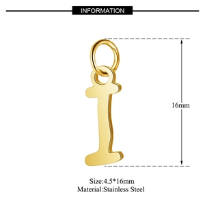 Size information for gold stainless steel letter I pendant with dimensions 4.5 by 16mm