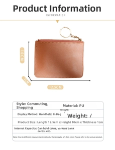 Brown PU leather coin purse with gold keychain and detailed dimension specifications