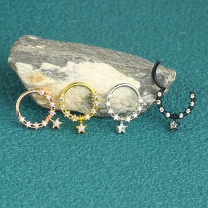 Star pendant nose rings in rose gold, gold, silver, and black with sparkling rhinestones