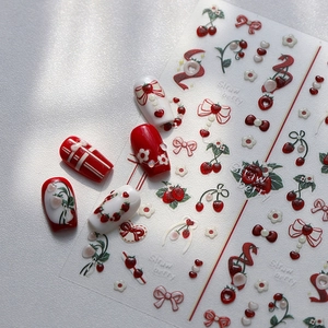 3D cherry and strawberry nail art stickers with embossed red fruit and white flowers