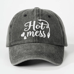 Vintage washed charcoal cotton baseball cap featuring white Hot Mess heart embroidery