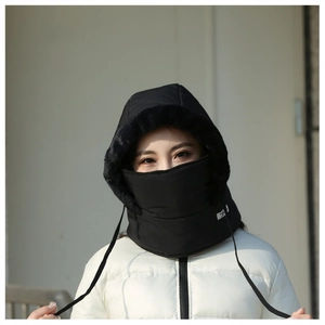 Close-up of winter windproof fleece-lined hat with integrated neck warmer mask