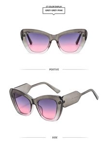 Front and side view of cat-eye sunglasses with grey frames and purple pink gradient lenses
