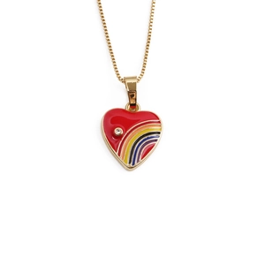Golden necklace with a red heart pendant featuring rainbow lines and a small crystal accent