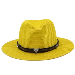 Bright yellow straw fedora hat for summer with decorative bull head metal pendant