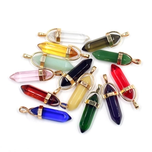 Hexagonal crystal pillar pendants in multiple colors with golden metal settings