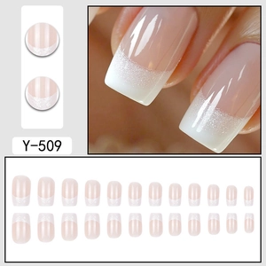 French ombré press-on nails with silver glitter and white tips, 24pcs square set