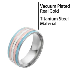 Rainbow stripe titanium steel ring with pink white and blue enamel and gold plating