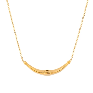 Detail of a vintage French style gold curved pendant necklace with a sleek metallic finish