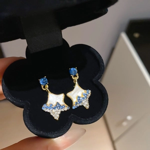 Close-up of star-shaped earrings with blue crystals in a black velvet jewelry box